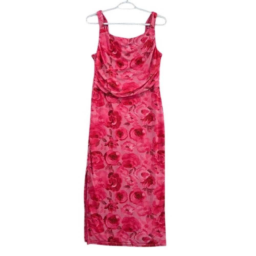Grace Karin Midi Dress Women's Large Pink Floral Stretch Side Slit Ruching